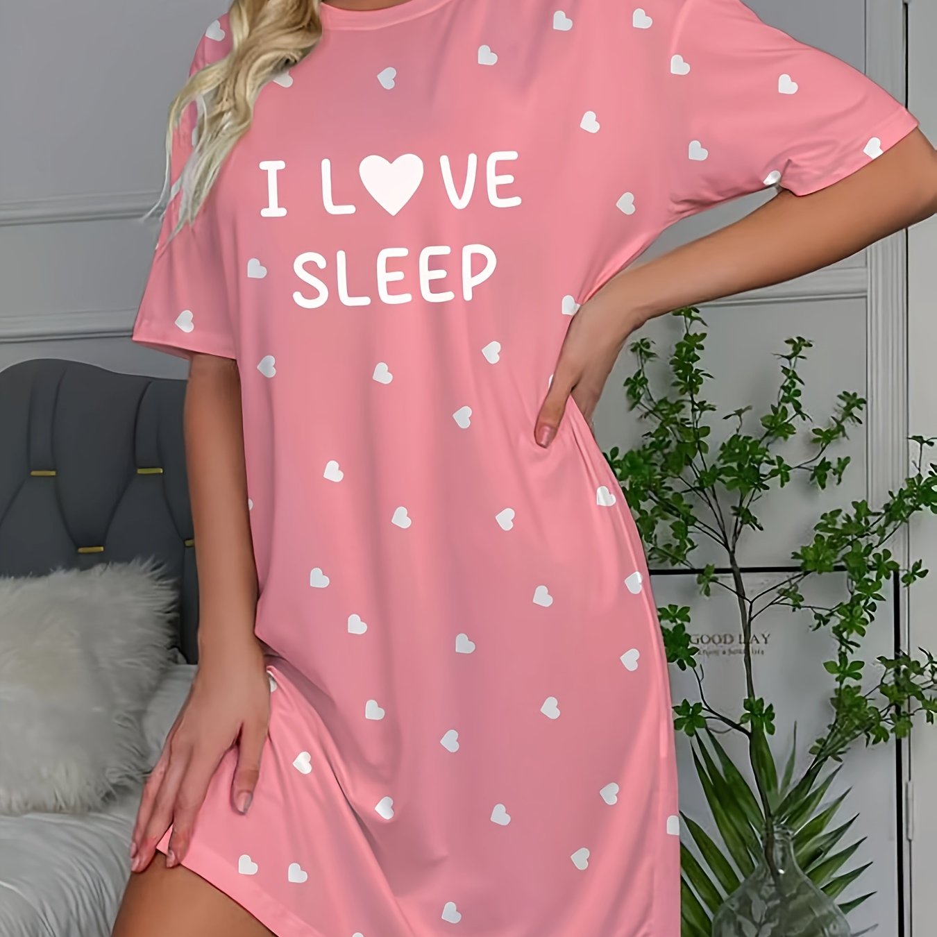 Women's Casual Short Sleeve Round Neck Sleep Dress - I LOVE SLEEP