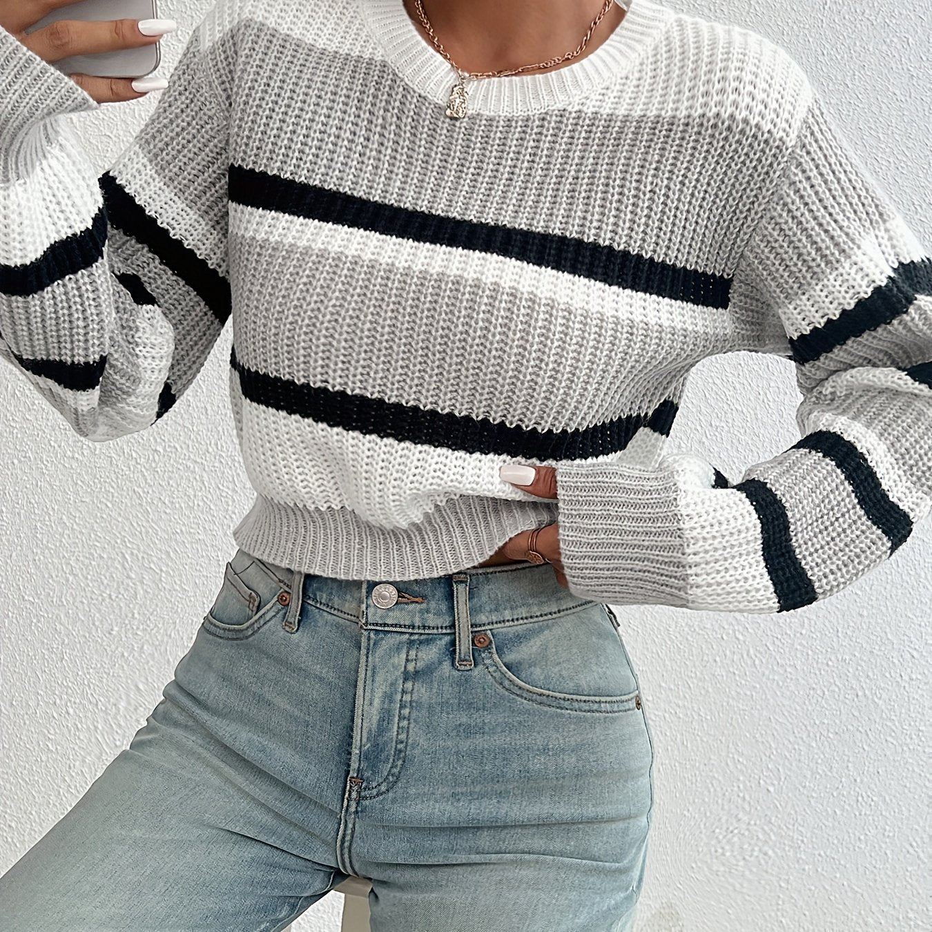 Soft Pastel Pink Relaxed Fit Women's Casual Striped Sweater