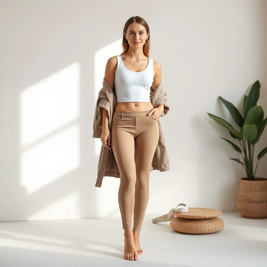 Woman wearing high-waisted leggings with a smooth waistband and casual outfit in soft natural light
