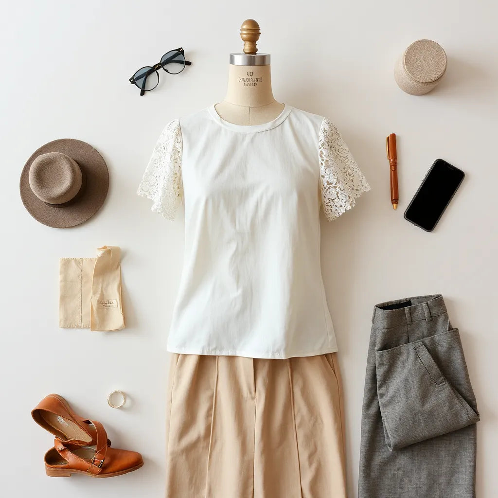 Elegant lace sleeve top styled with simple neutrals and tailored bottoms against a clean background