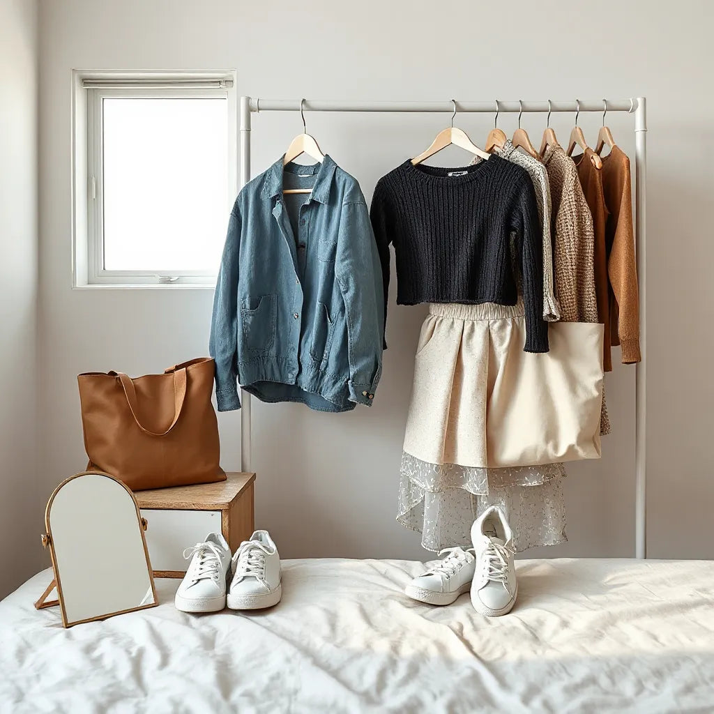 Trendy affordable outfits on a clothing rack with a mirror and tote bag in soft natural light