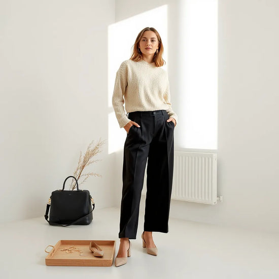 Woman wearing a coordinated chic outfit set with accessories in a bright, minimal setting
