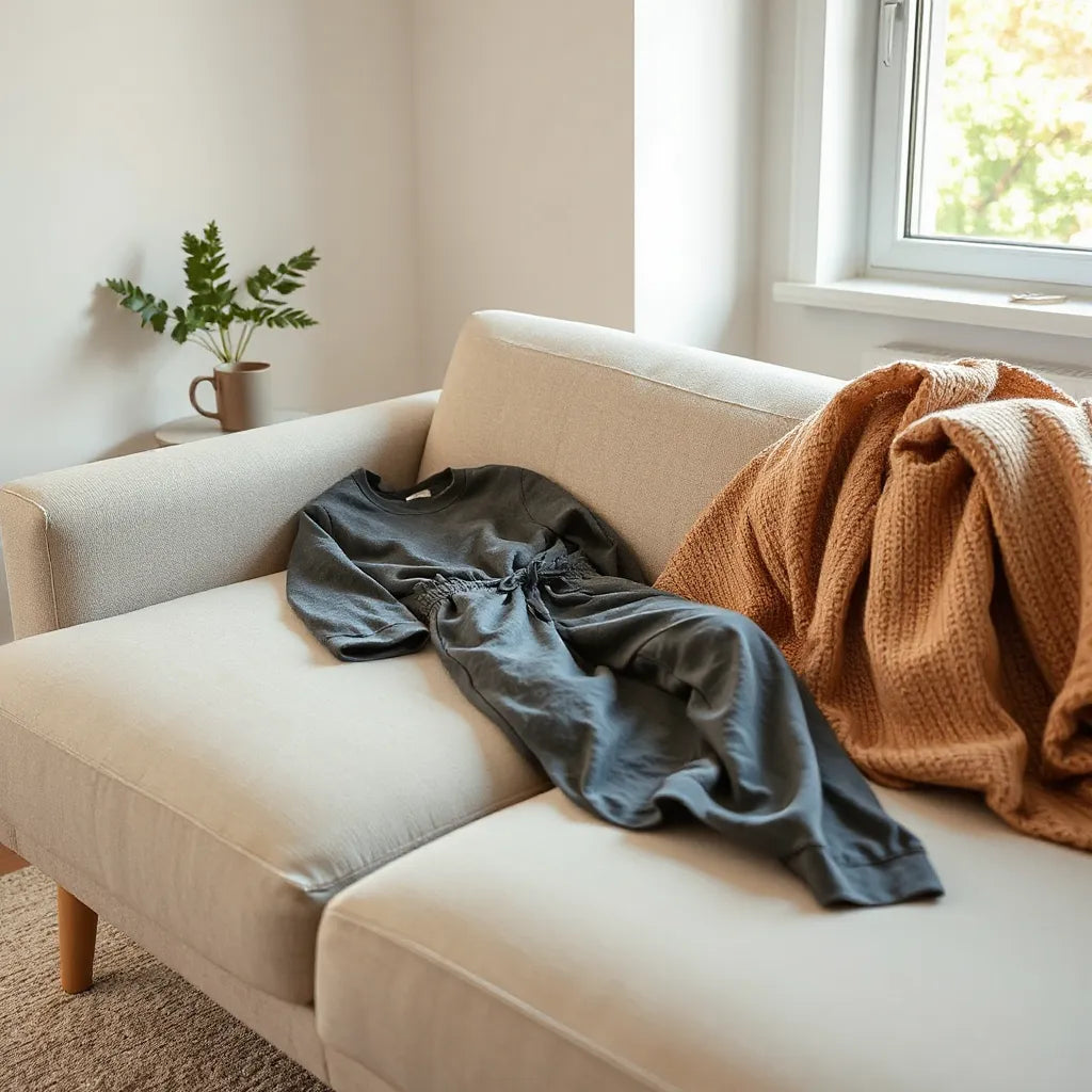 Cozy fashionable loungewear set styled on a neutral sofa with warm natural light