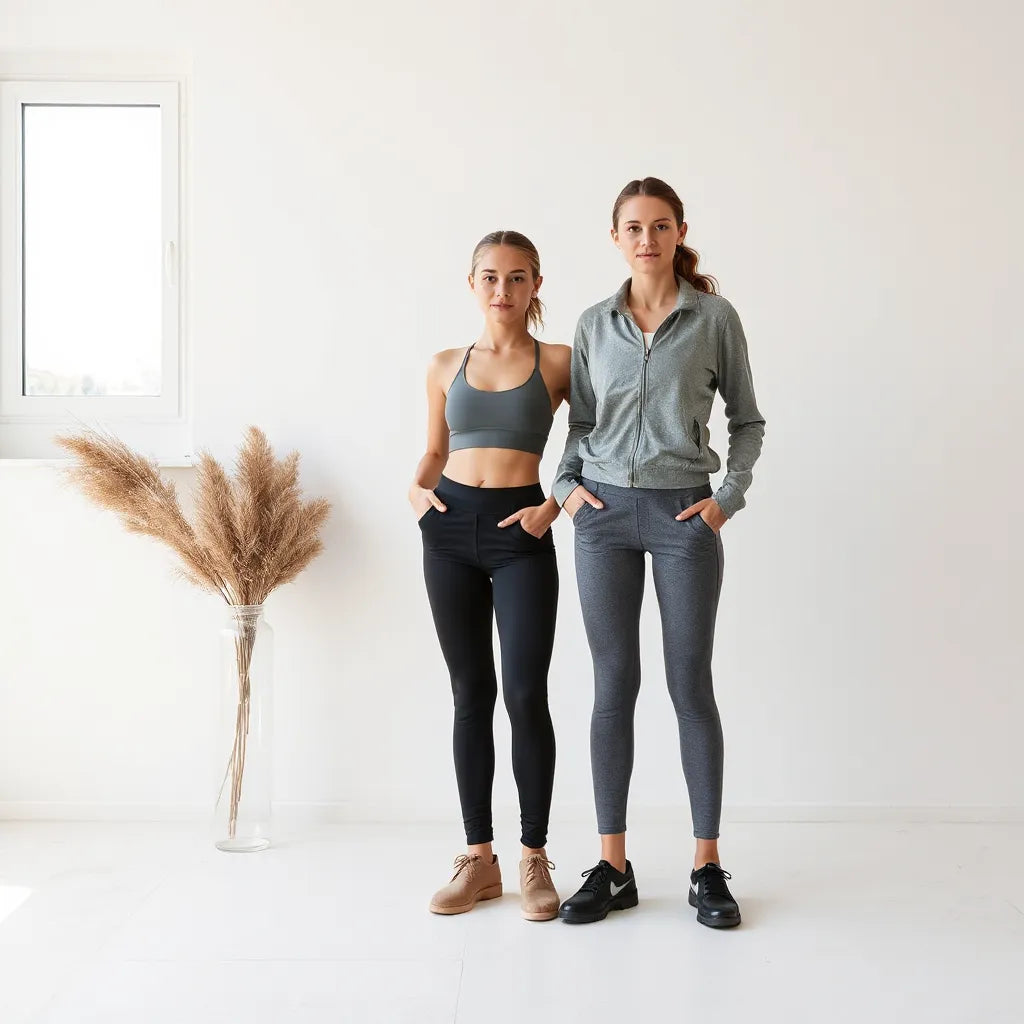 Women wearing sports bras, high-waisted leggings, and a lightweight jacket in a bright minimalist studio setting
