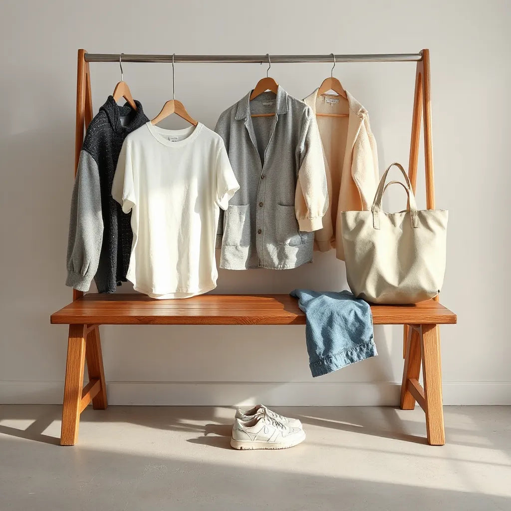 Neutral everyday outfits—t-shirt, cardigan, jeans, sneakers, and tote—arranged neatly for versatile daily wear