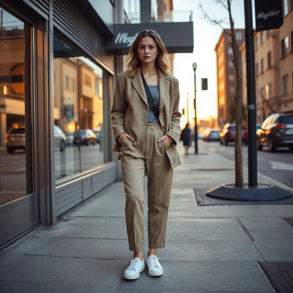 Woman in urban chic outfit with tailored blazer, straight-leg trousers, and leather sneakers on a city sidewalk