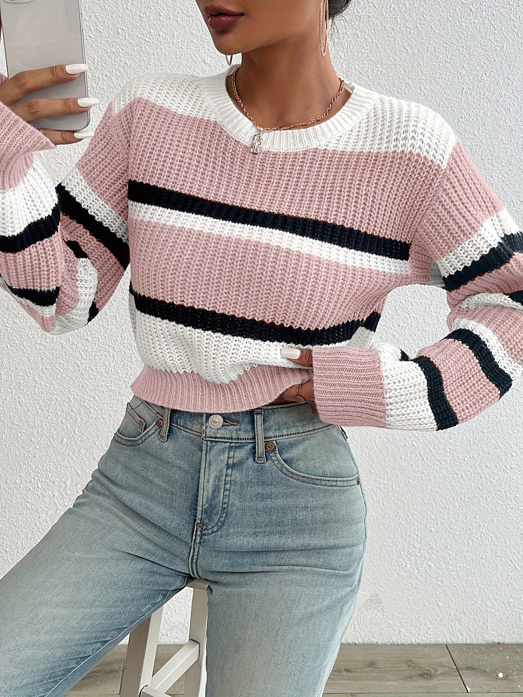 Soft Pastel Pink Relaxed Fit Women's Casual Striped Sweater