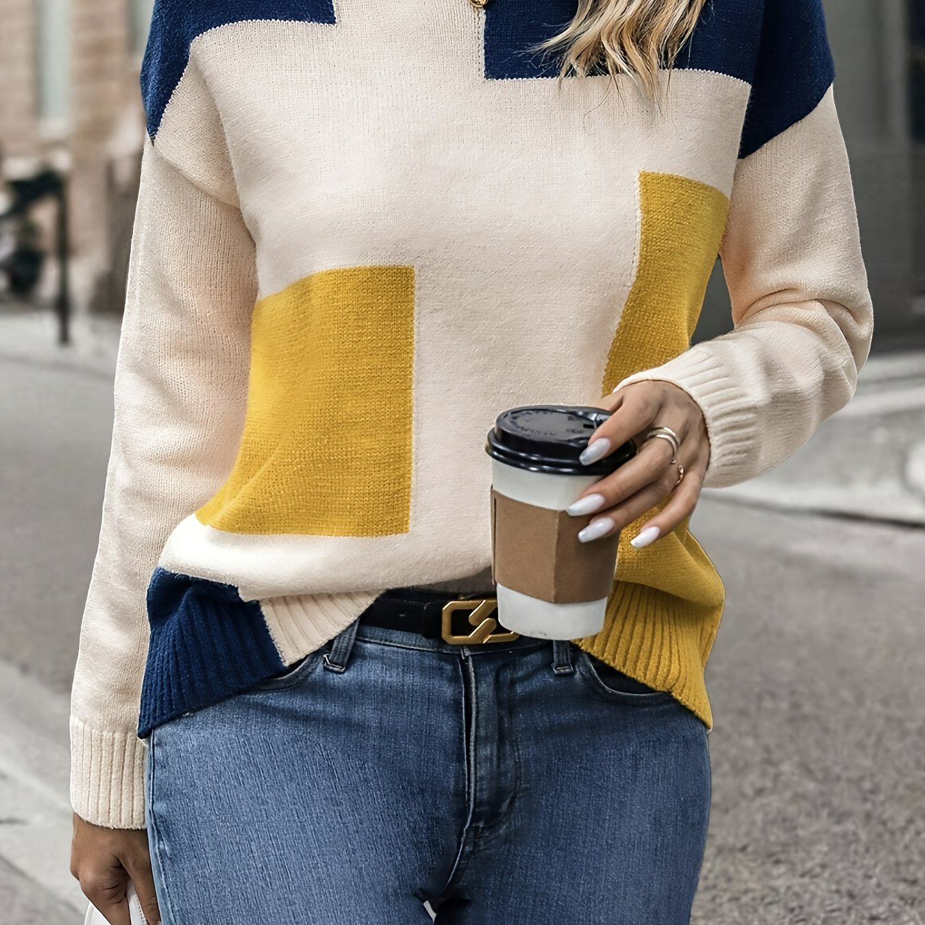 Women's Casual Color-Block Round Neck Sweater