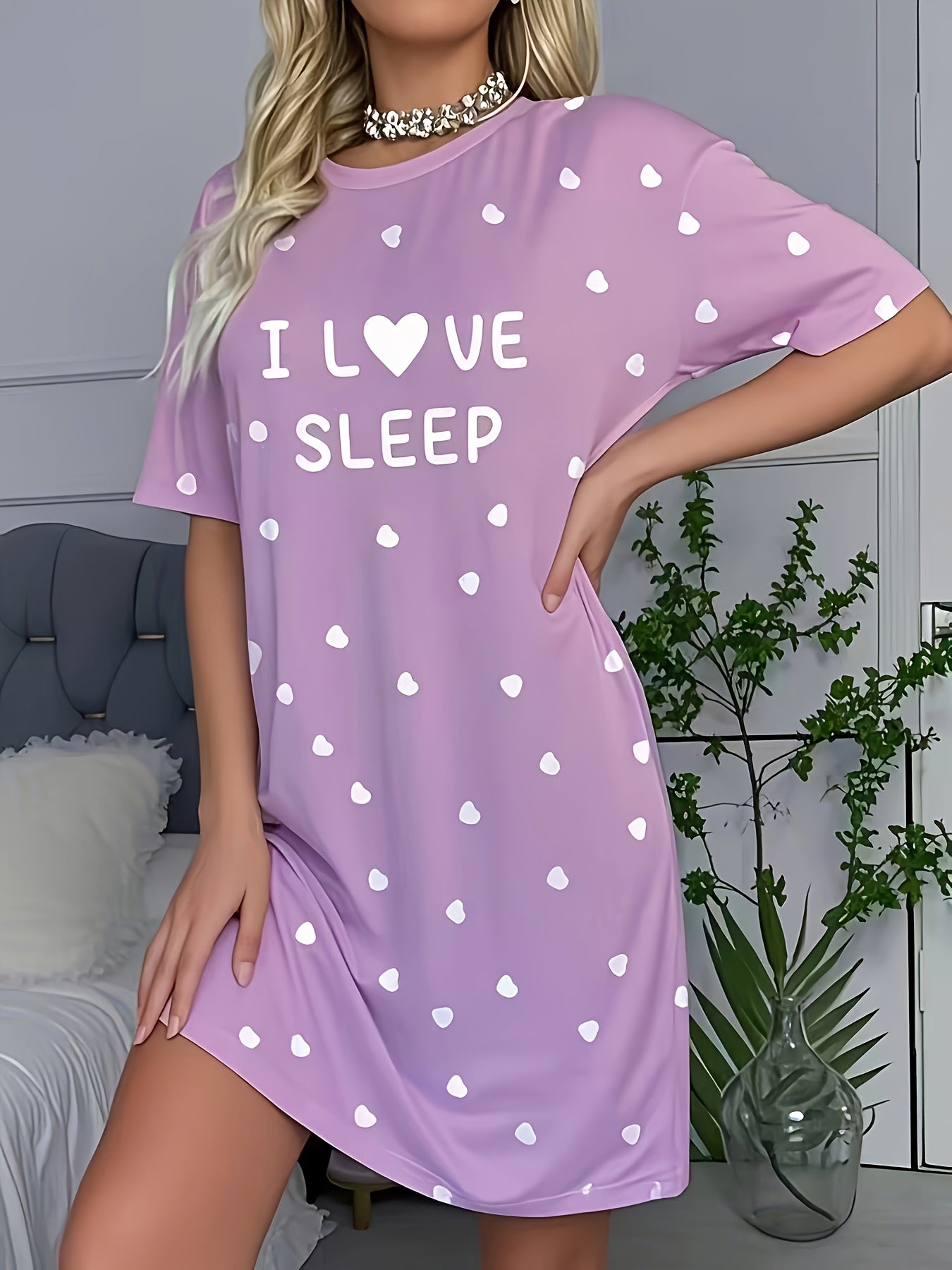 Women's Casual Short Sleeve Round Neck Sleep Dress - I LOVE SLEEP