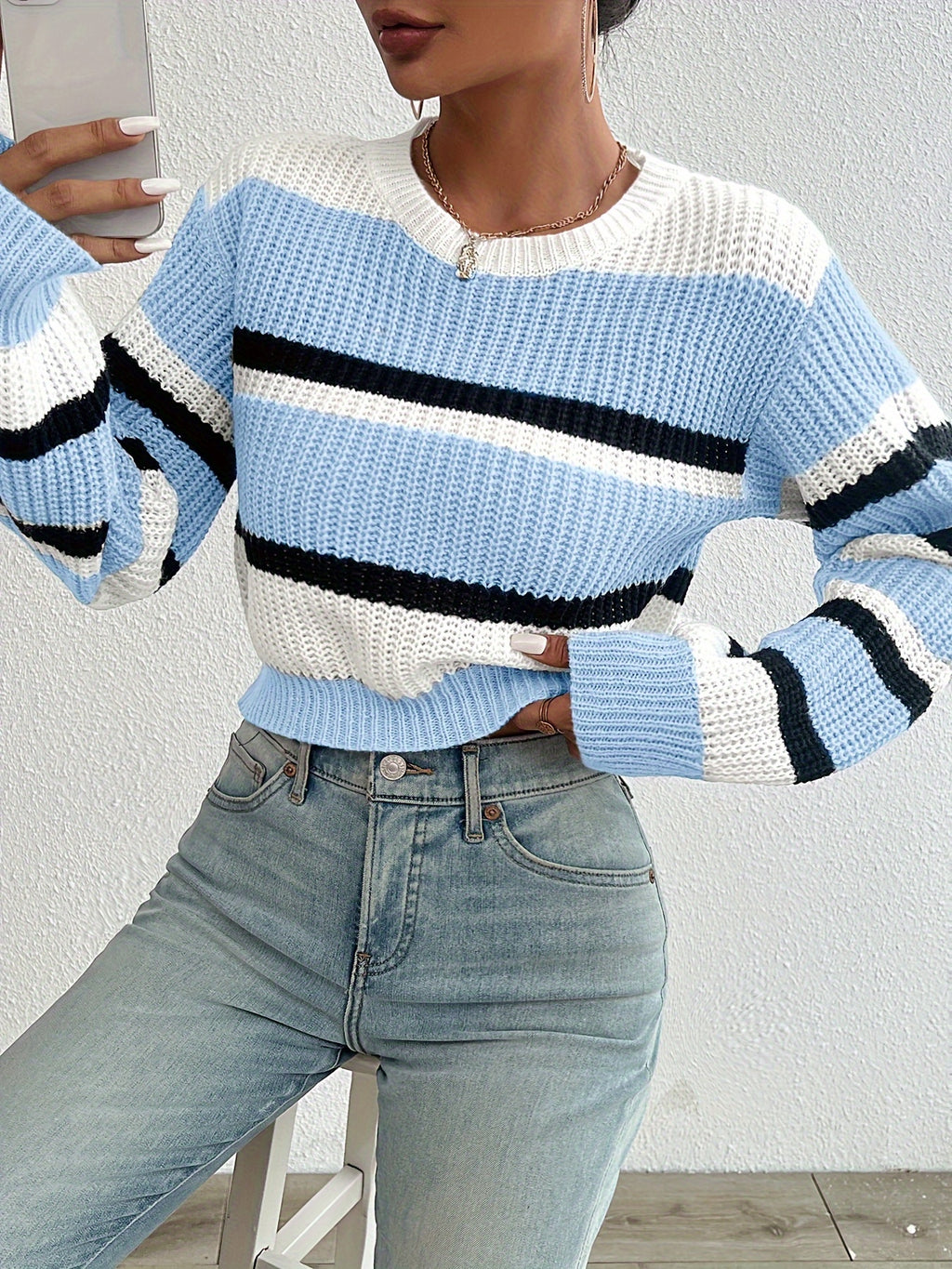 Soft Pastel Pink Relaxed Fit Women's Casual Striped Sweater