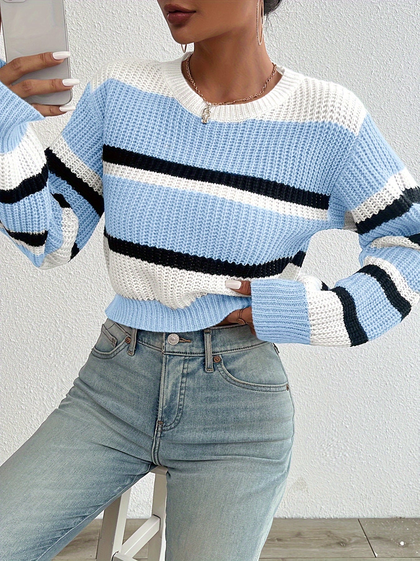 Soft Pastel Pink Relaxed Fit Women's Casual Striped Sweater