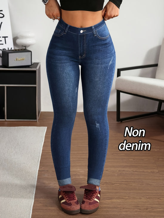 [High-Waisted Skinny Jeans] Denim Print/Imitation Denim Women&