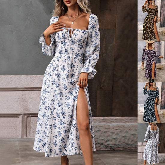 Annabelle - Flower Print Long Sleeve Dress with Square-neck and Bottom Slit