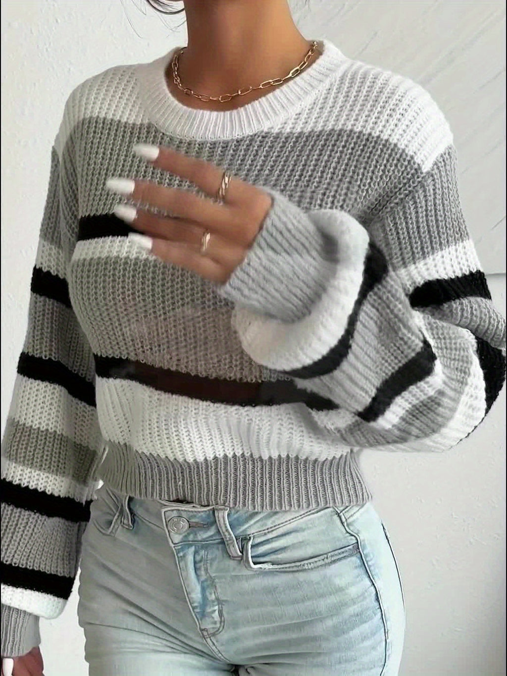 Soft Pastel Pink Relaxed Fit Women's Casual Striped Sweater