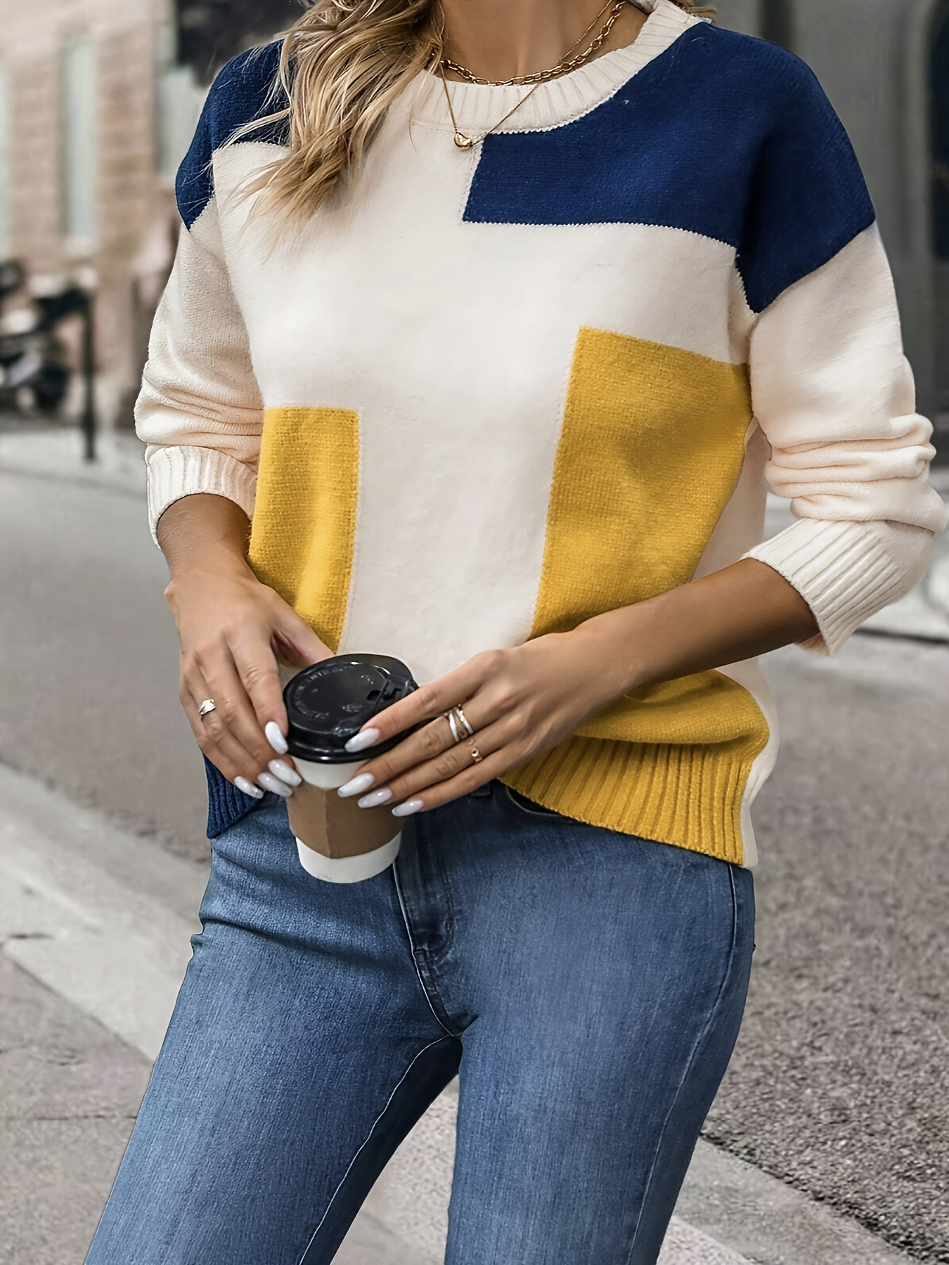 Women's Casual Color-Block Round Neck Sweater