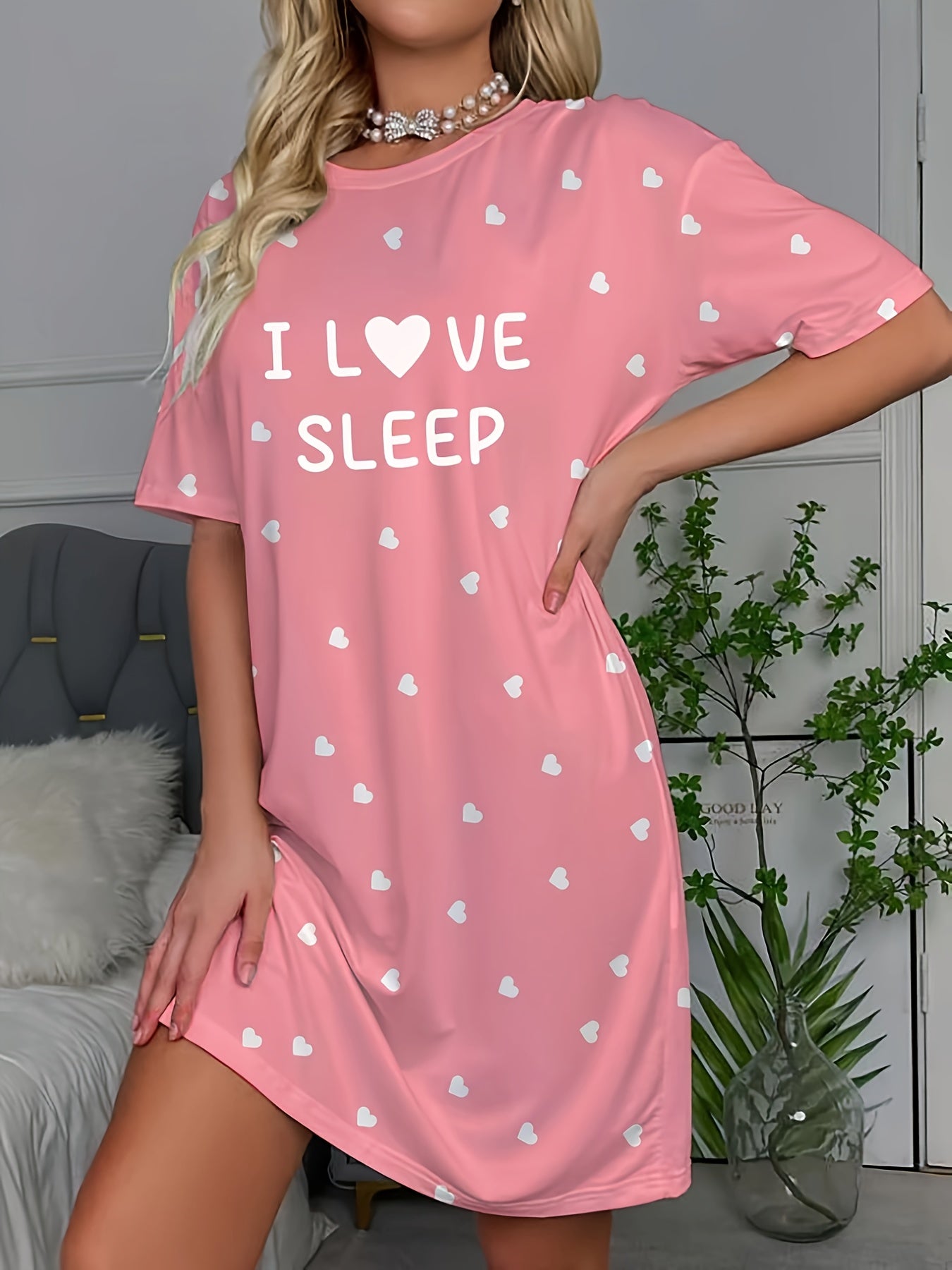 Women's Casual Short Sleeve Round Neck Sleep Dress - I LOVE SLEEP