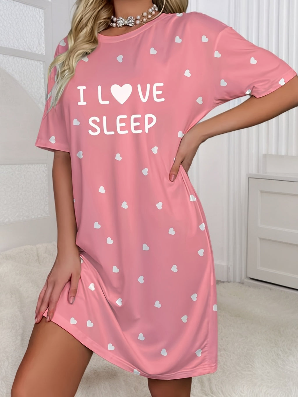Women's Casual Short Sleeve Round Neck Sleep Dress - I LOVE SLEEP