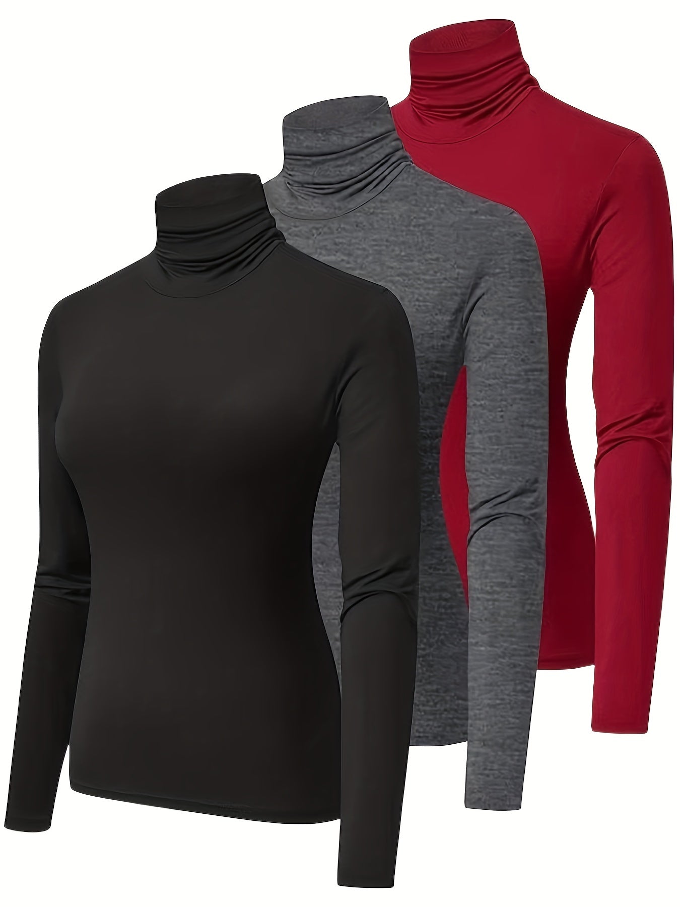 3pcs Women's High Neck Long Sleeve Turtleneck Tops - Solid Color Casual Layering Essentials, Soft Stretchy, Machine Washable, Black/Grey/Red for Spring Summer Fall, Seasonal Fashion, Simple Versatile Design, Stretchy Fabric