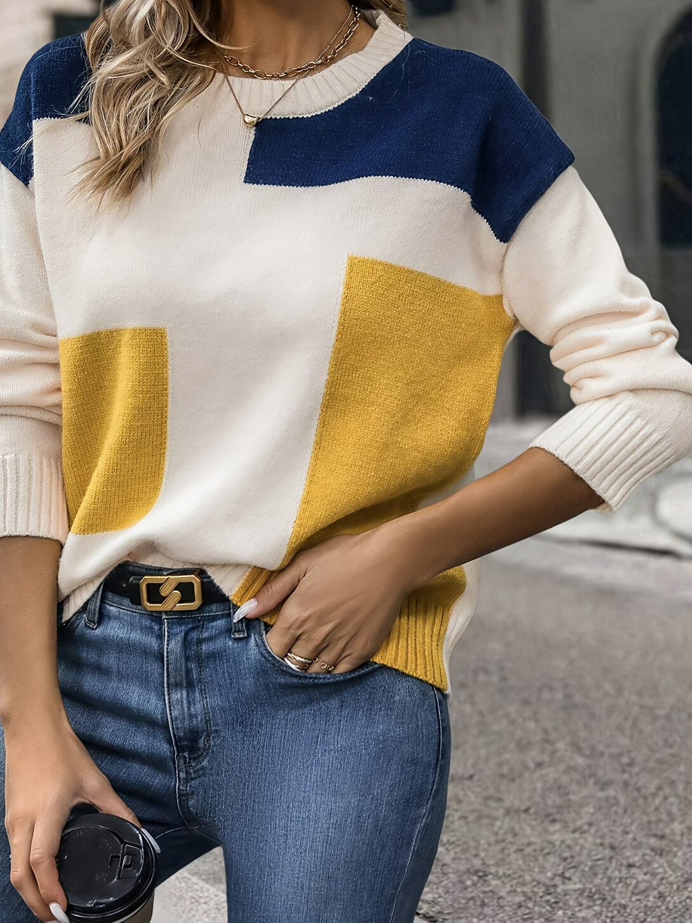 Women's Casual Color-Block Round Neck Sweater