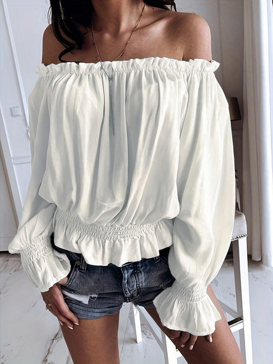 Chic Off Shoulder Ruffle Trim Blouse - Soft Micro Elastic Polyester Fabric, Shirred Details, Solid Color, Casual Long Sleeve Top