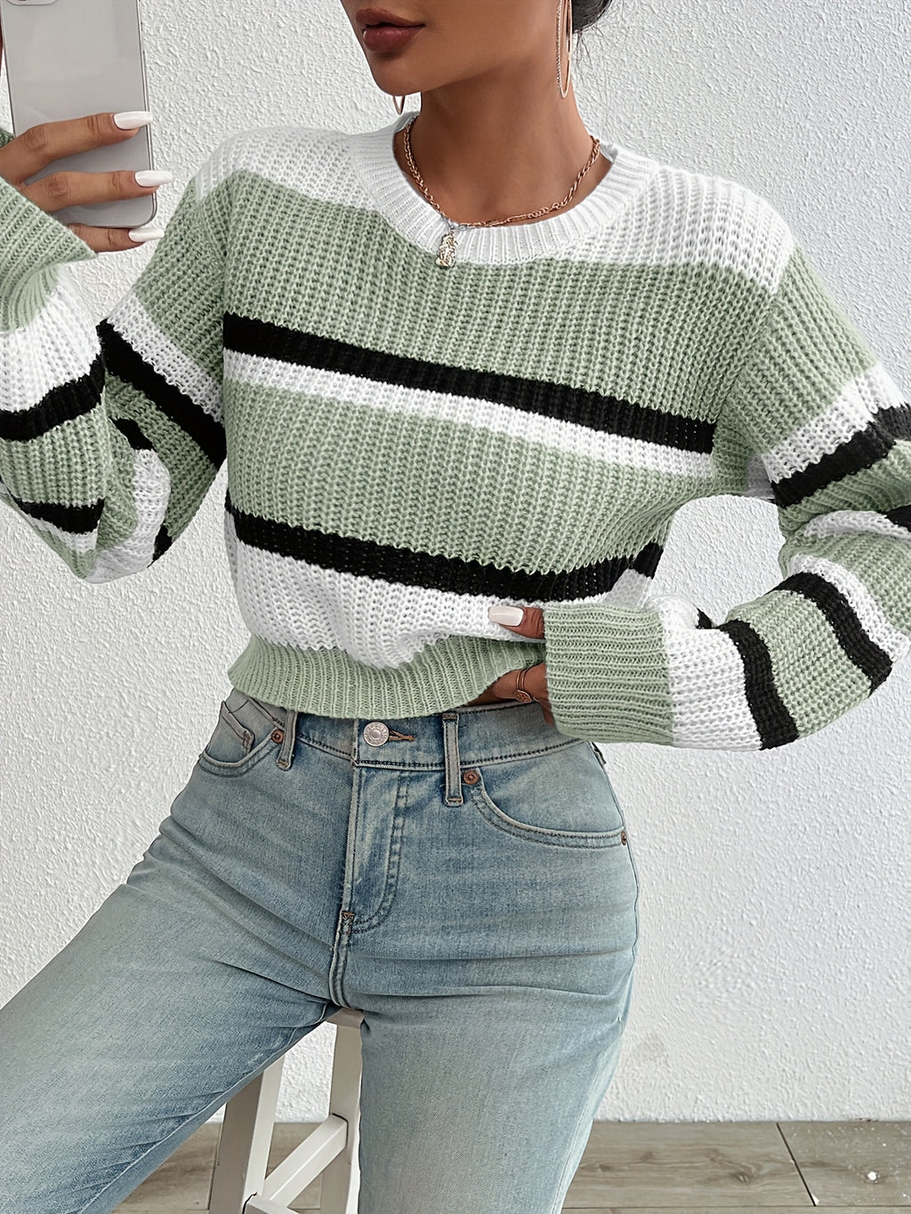 Soft Pastel Pink Relaxed Fit Women's Casual Striped Sweater