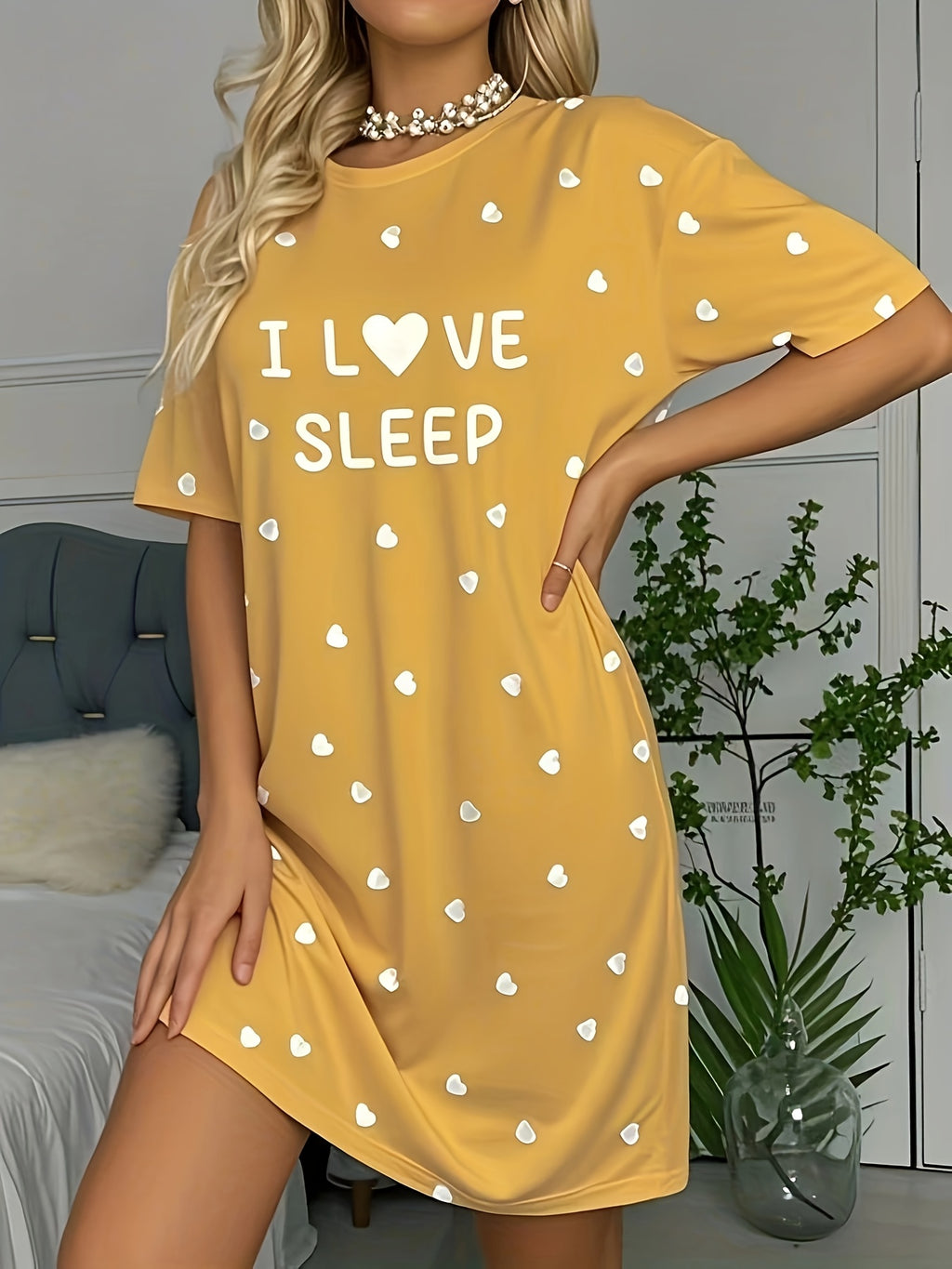 Women's Casual Short Sleeve Round Neck Sleep Dress - I LOVE SLEEP