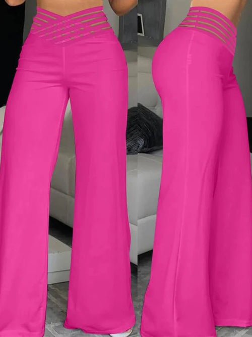 Casual Crisscross Sheer Mesh Women Wide Leg Flared Pants