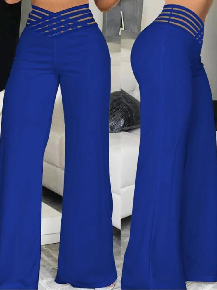 Casual Crisscross Sheer Mesh Women Wide Leg Flared Pants