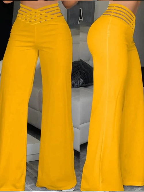 Casual Crisscross Sheer Mesh Women Wide Leg Flared Pants