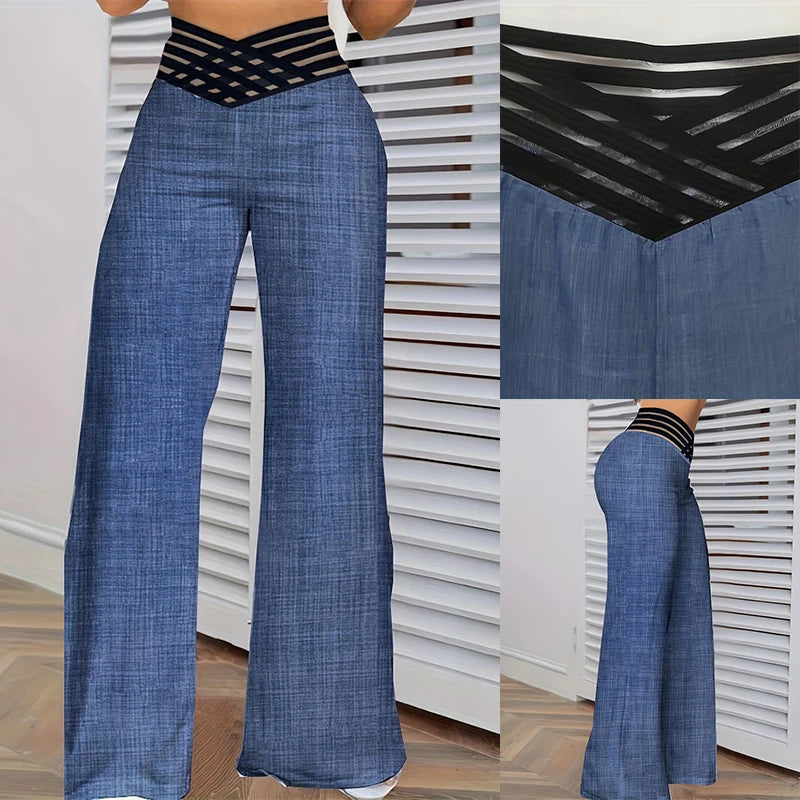 Casual Crisscross Sheer Mesh Women Wide Leg Flared Pants