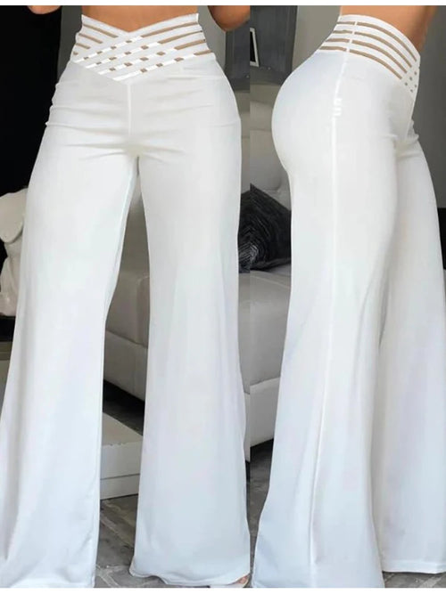 Casual Crisscross Sheer Mesh Women Wide Leg Flared Pants
