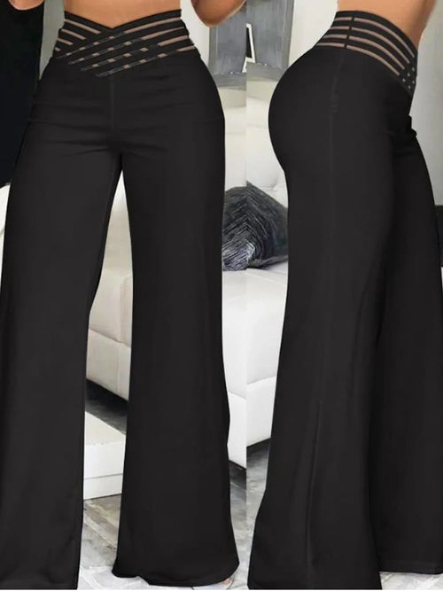 Casual Crisscross Sheer Mesh Women Wide Leg Flared Pants