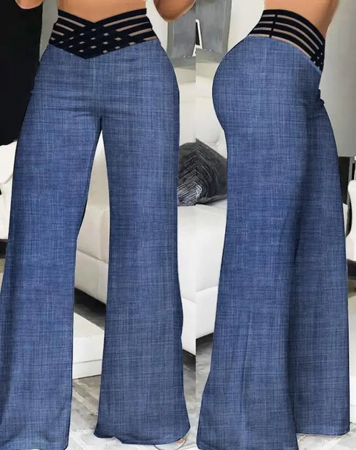 Casual Crisscross Sheer Mesh Women Wide Leg Flared Pants