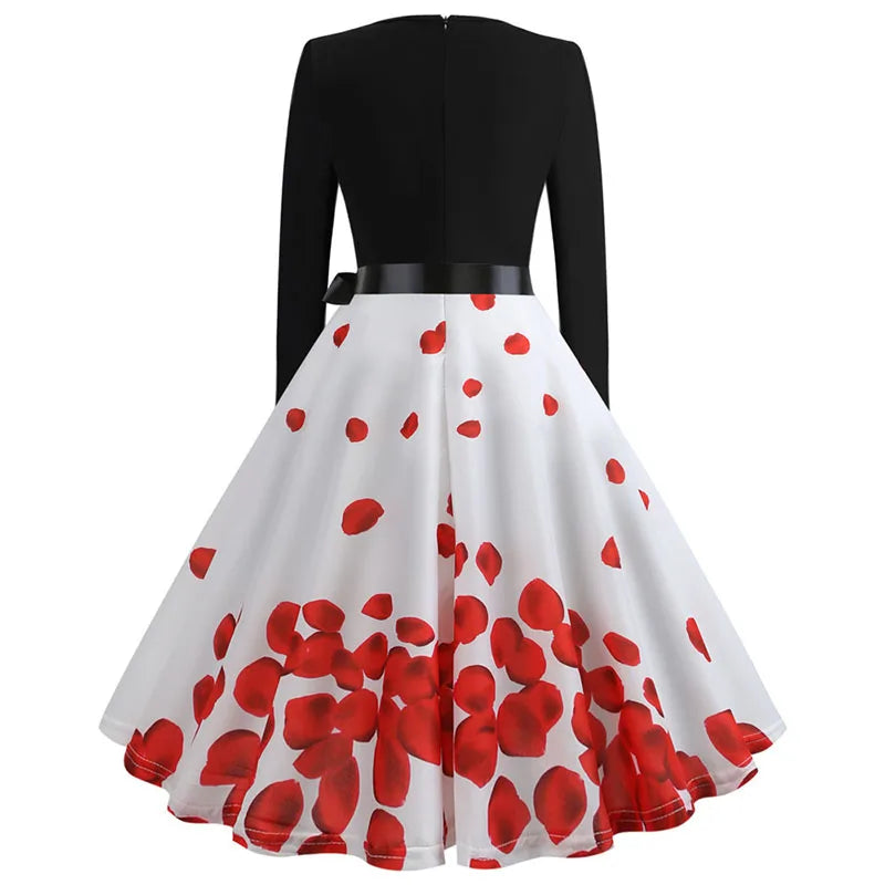 Winter Christmas Dresses Women 50S 60S Vintage Robe Swing Pinup Elegant Party Dress Long Sleeve Casual Print Black