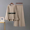 Autumn Winter Fashion Women's Casual Two-Piece Set Solid Pattern Knit Belted Top High Waist Wide Leg Pants Loose Fit Woven Knee