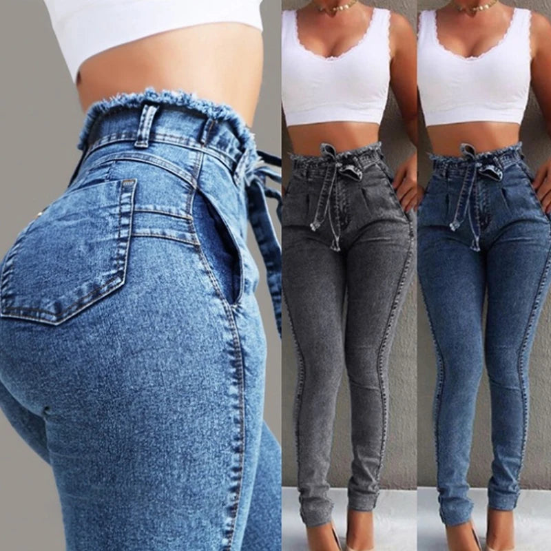 2025 Woman Hip Slim High Waist Stretch Bodycon Tassel Belt Bandage Skiny Butt Lift Push up Shaping Denim Jeans Pants