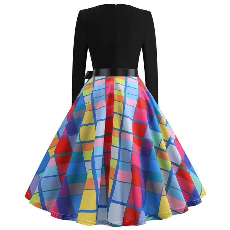 Winter Christmas Dresses Women 50S 60S Vintage Robe Swing Pinup Elegant Party Dress Long Sleeve Casual Print Black