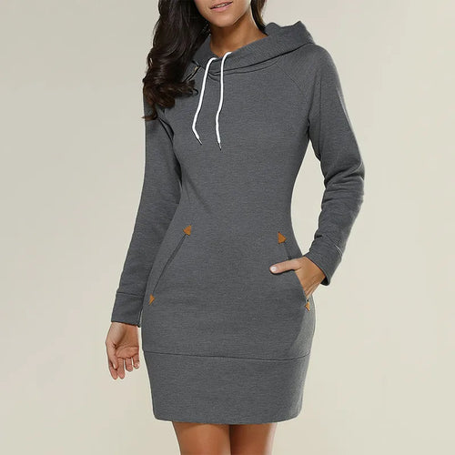 Women‘s Knee-Length Pockets Dress Hooded Warm Sweat Shirt Long Sleeve