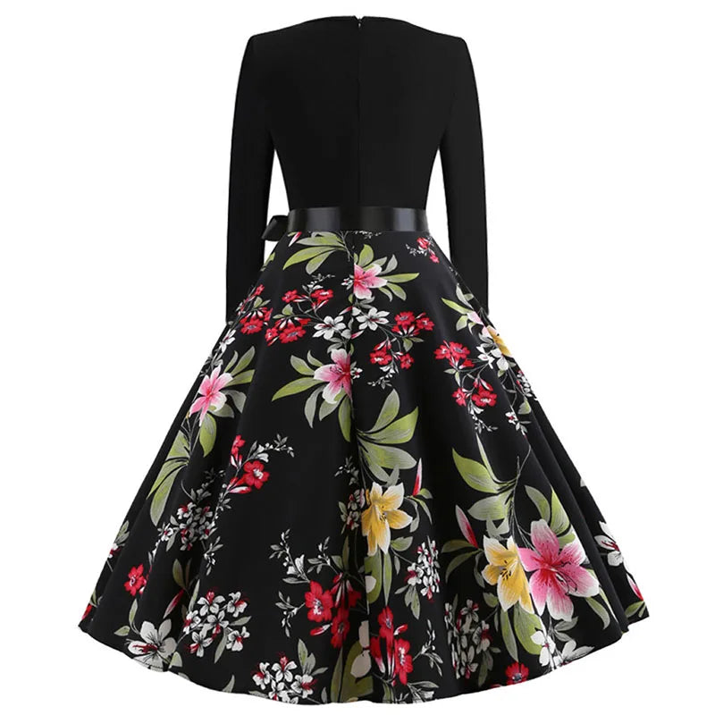 Winter Christmas Dresses Women 50S 60S Vintage Robe Swing Pinup Elegant Party Dress Long Sleeve Casual Print Black