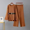 Autumn Winter Fashion Women's Casual Two-Piece Set Solid Pattern Knit Belted Top High Waist Wide Leg Pants Loose Fit Woven Knee