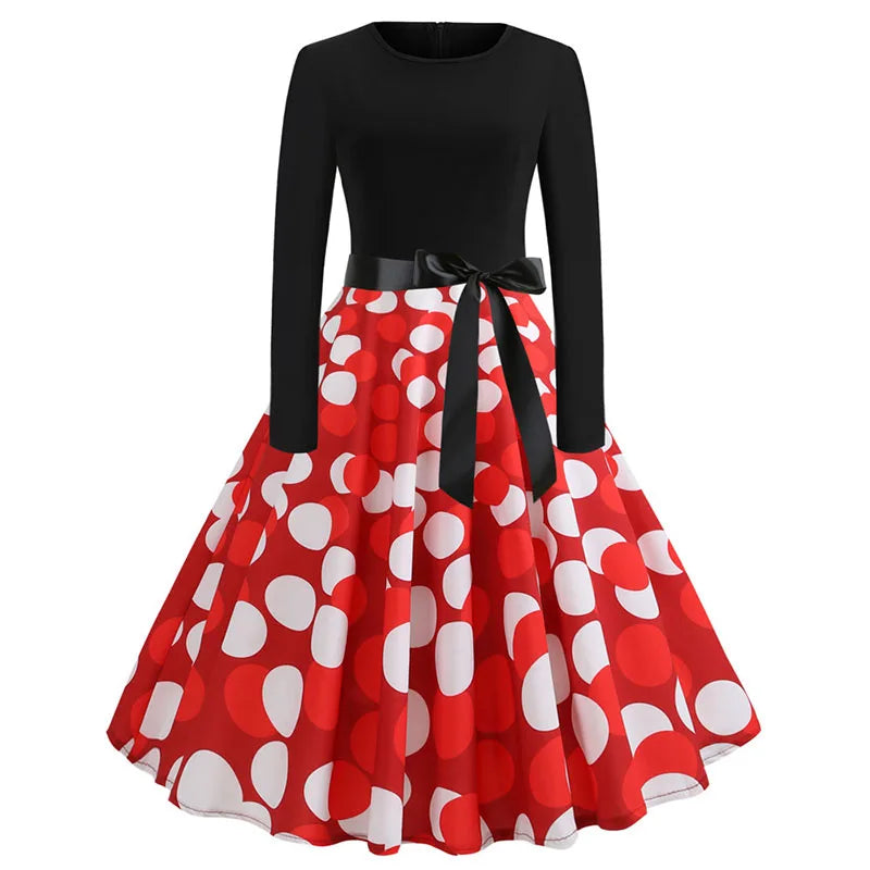 Winter Christmas Dresses Women 50S 60S Vintage Robe Swing Pinup Elegant Party Dress Long Sleeve Casual Print Black