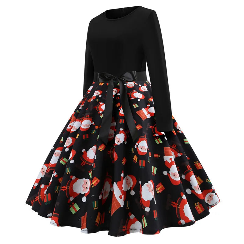 Winter Christmas Dresses Women 50S 60S Vintage Robe Swing Pinup Elegant Party Dress Long Sleeve Casual Print Black