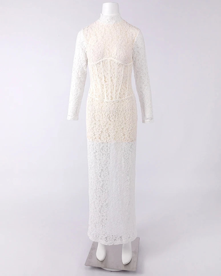 Ariel - White Lace Long Sleeve Evening Dress with  corset