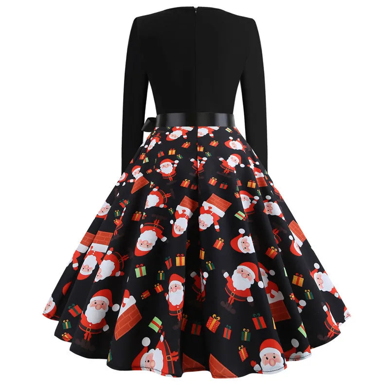 Winter Christmas Dresses Women 50S 60S Vintage Robe Swing Pinup Elegant Party Dress Long Sleeve Casual Print Black