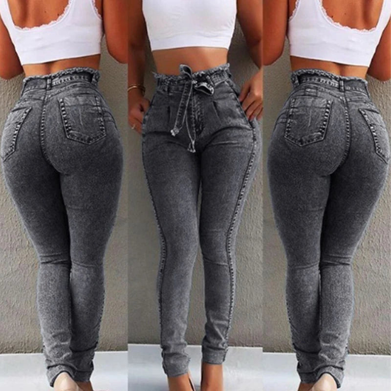2025 Woman Hip Slim High Waist Stretch Bodycon Tassel Belt Bandage Skiny Butt Lift Push up Shaping Denim Jeans Pants