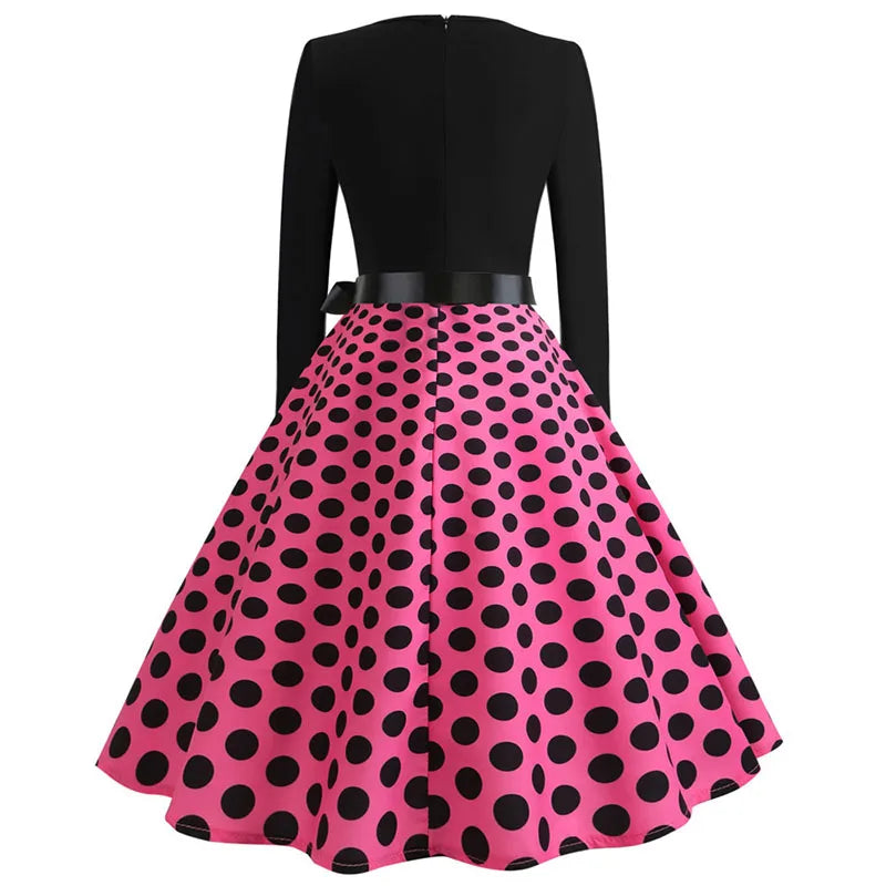 Winter Christmas Dresses Women 50S 60S Vintage Robe Swing Pinup Elegant Party Dress Long Sleeve Casual Print Black