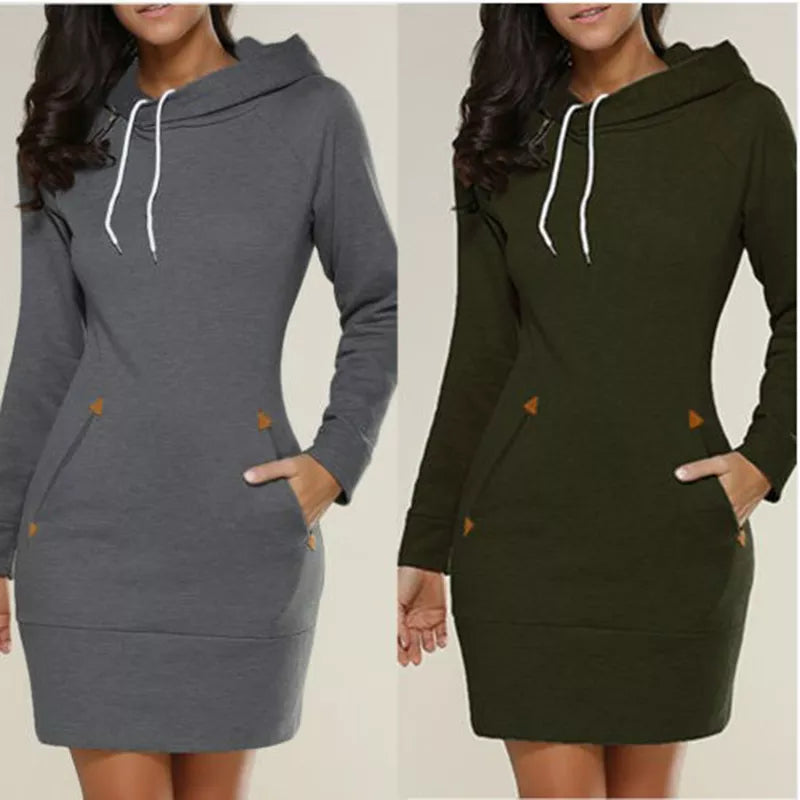 Women‘s Knee-Length Pockets Dress Hooded Warm Sweat Shirt Long Sleeve
