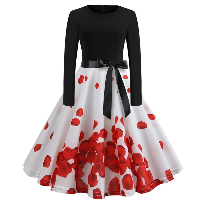 Winter Christmas Dresses Women 50S 60S Vintage Robe Swing Pinup Elegant Party Dress Long Sleeve Casual Print Black