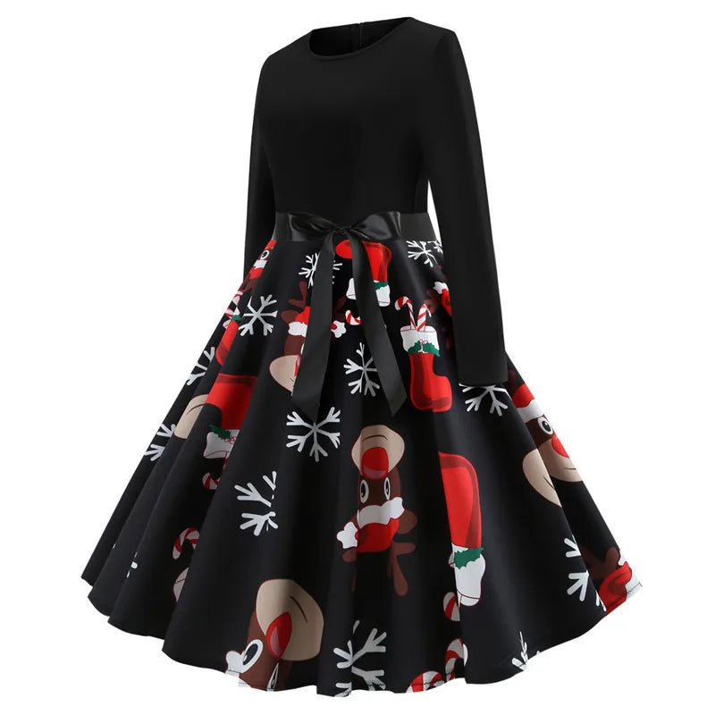 Winter Christmas Dresses Women 50S 60S Vintage Robe Swing Pinup Elegant Party Dress Long Sleeve Casual Print Black
