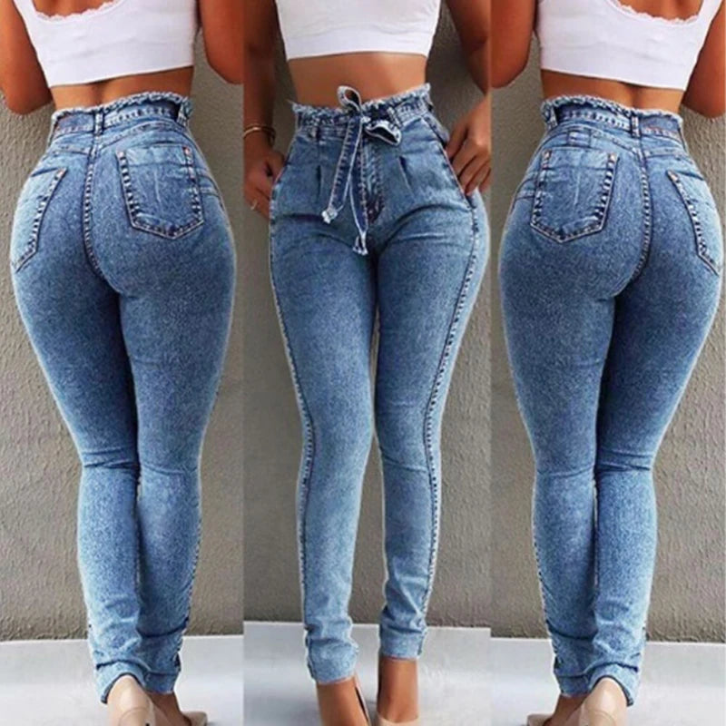 2025 Woman Hip Slim High Waist Stretch Bodycon Tassel Belt Bandage Skiny Butt Lift Push up Shaping Denim Jeans Pants